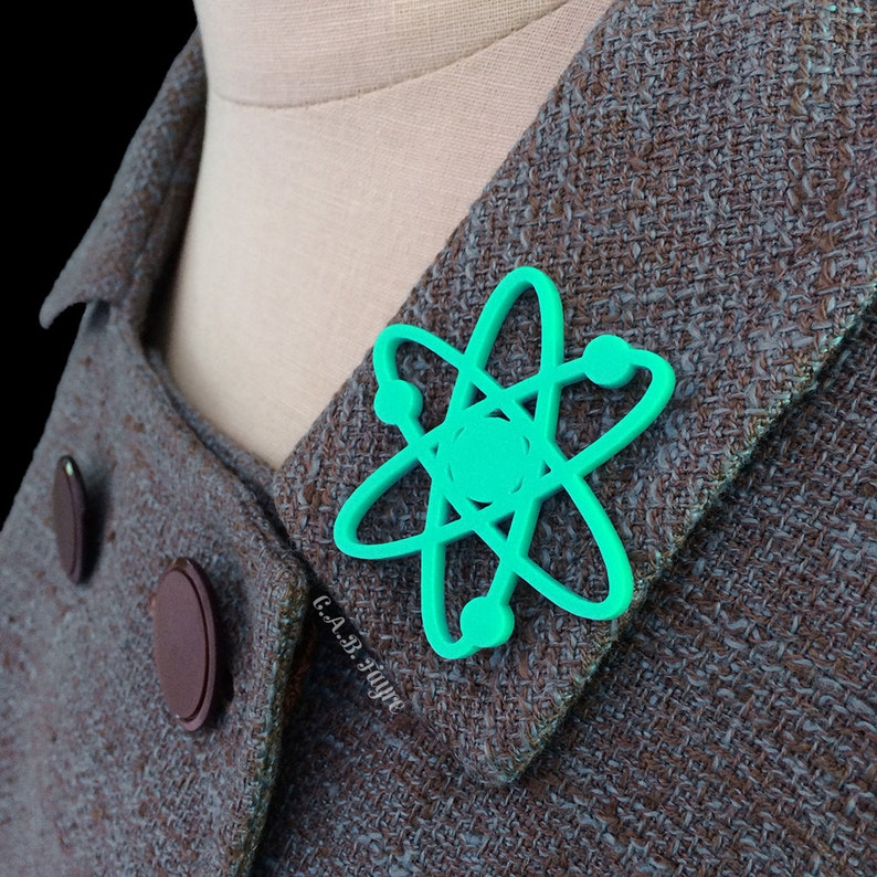 Atomic Atom Brooch / Pin 35 Color Options Laser Cut Acrylic or Wood Atomic Symbol Pin Turquoise