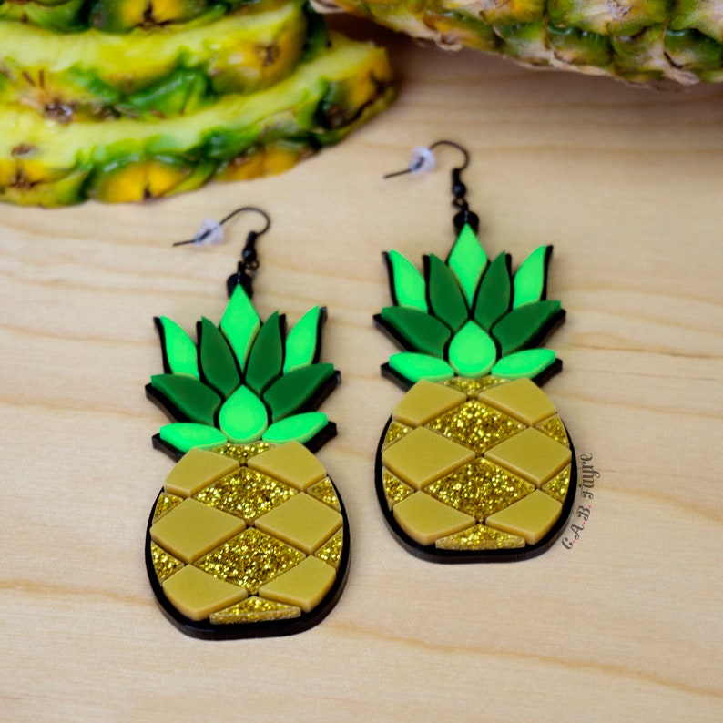 Gold Pineapple Earrings Large 3 Hooks, Leverback, or Clip-ons Golden Metallic Glitter Fruit Tropical Tiki Vibes Laser Cut Acrylic image 2