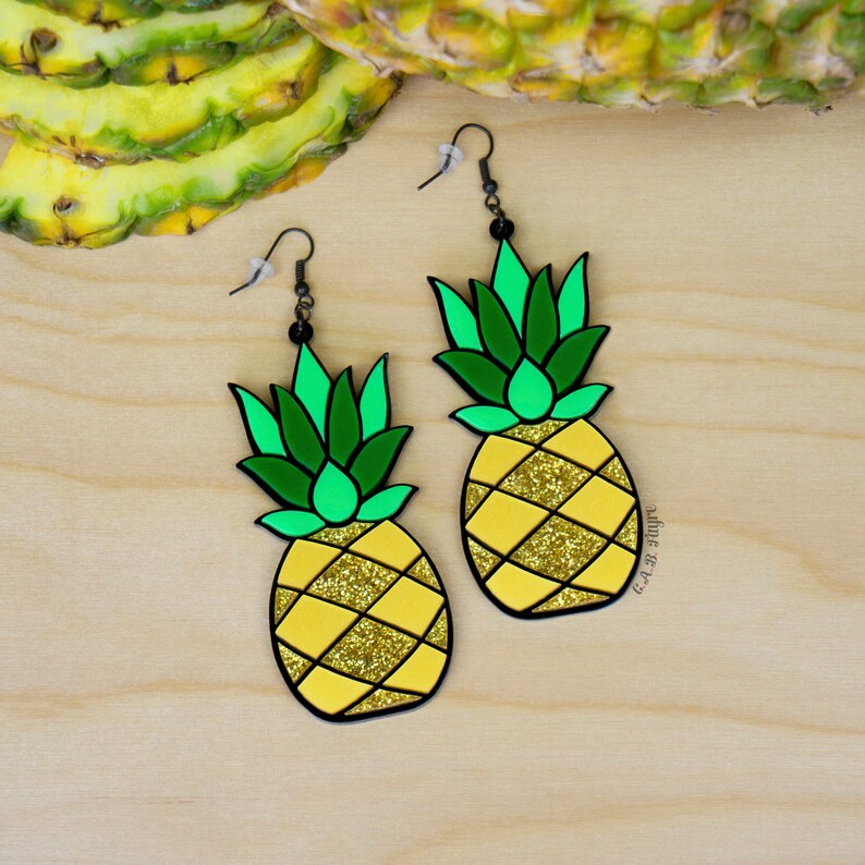 Gold Pineapple Earrings Large 3 Hooks, Leverback, or Clip-ons Golden Metallic Glitter Fruit Tropical Tiki Vibes Laser Cut Acrylic image 1