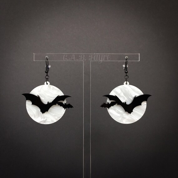 White Pearl Moon Bat Earrings – Gothic Vampirecore Jewelry – Halloween Costume Accessory – Clip-On or Hook