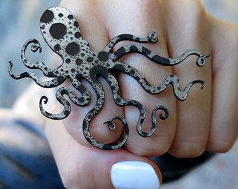 Spotted Octopus Ring - 9 Color Options - Metallic or Neon Acrylic - Large Statement Piece - Elastic Ring Band (C.A.B. Fayre Original Design)