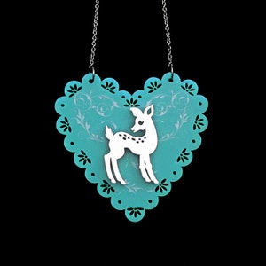 Doe-Eyed Deer Necklace - Scalloped Heart Fawn Necklace - Acrylic Laser Cut Necklace (C.A.B. Fayre Original Design)