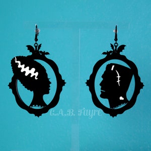 Frankenstein & Bride Mismatched Earrings – Gothic Acrylic Silhouette Jewelry – Custom Colors – Hook or Clip-On