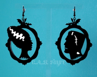 Frankenstein's Monster & His Bride Silhouette Earrings - 20 Color Options - Hooks, Leverback, or Clip-on (C.A.B. Fayre Original Design)