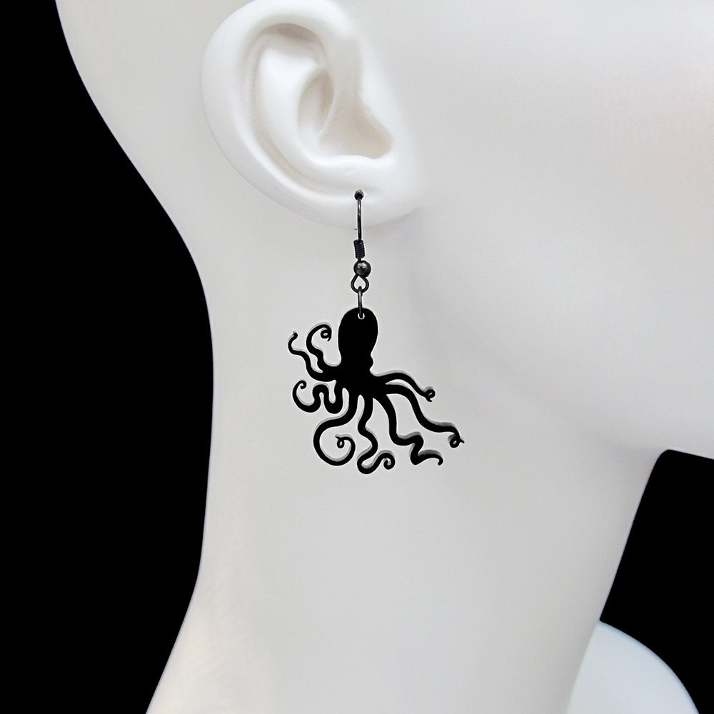Octopus Silhouette Earrings - 34 Colors - Hooks, Leverback, or Clip-on Options - Acrylic Sea Life Jewelry