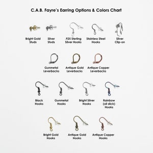 May include: Chart showing earring options and colours.  The chart includes earring styles such as studs, leverbacks, hooks, and clip-ons.  The chart also shows different metal finishes including bright gold, silver, antique gold, antique copper, gunmetal, and rainbow.