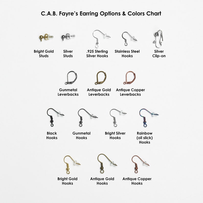 May include: Chart showing earring options and colours.  The chart includes earring styles such as studs, leverbacks, hooks, and clip-ons.  The chart also shows different metal finishes including bright gold, silver, antique gold, antique copper, gunmetal, and rainbow.
