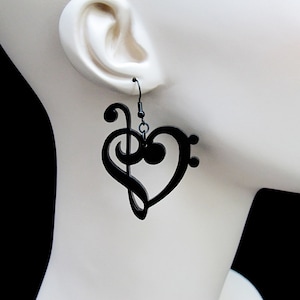 Treble & Bass Clef Heart Earrings – 40 Colors - Music Note Jewelry – Hooks or Clip-On