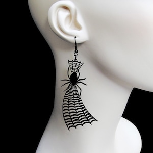 Spider on Web Earrings - 25 Color Options - Hooks, Leverback, or Clip-on - Spider Web Earrings - Halloween Gothic Laser Cut Acrylic Jewelry