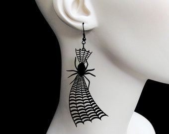 Spider on Web Earrings - 25 Color Options - Hooks, Leverback, or Clip-on - Spider Web Earrings - Halloween Gothic Laser Cut Acrylic Jewelry