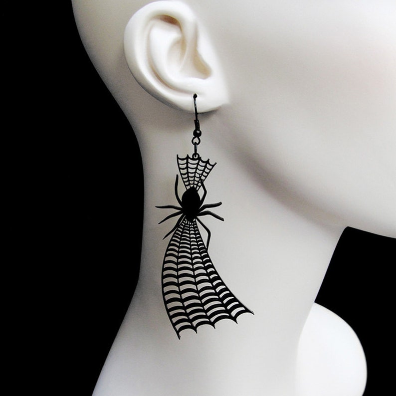 Spider on Web Earrings 25 Color Options Hooks, Leverback, or Clip-on Spider Web Earrings Halloween Gothic Laser Cut Acrylic Jewelry image 1
