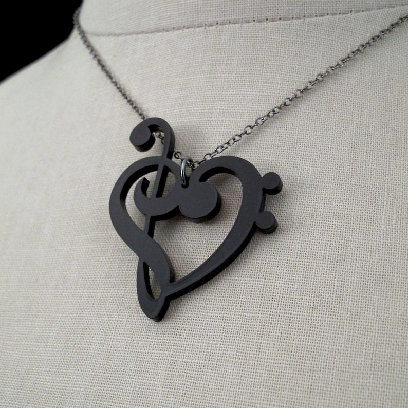 Treble & Bass Clef Heart Necklace 39 Color Options Laser Cut Acrylic Jewelry Music Notes Musical Clefs image 3