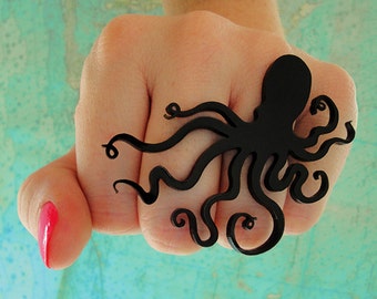 Octopus Ring - 34 Colors Options - Large Ocean Life Statement Ring - Laser Cut Acrylic Sea Creature Ring with Elastic Ring Band