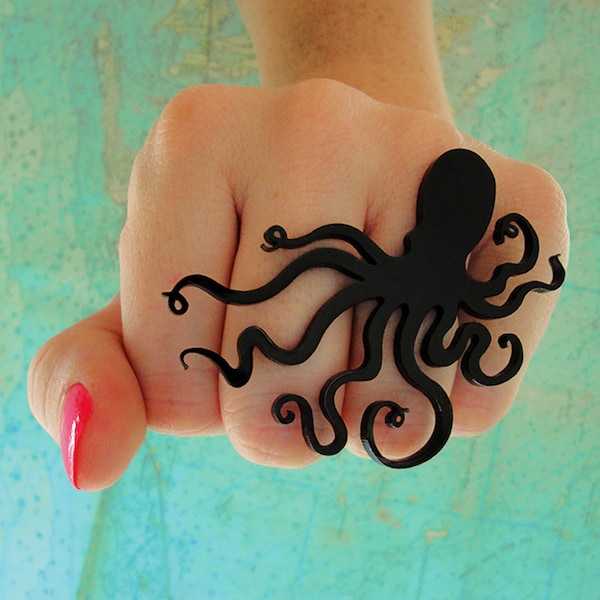 Octopus Silhouette Ring - 35 Colors Options - Large Oversized Sea Life Statement Ring - Elastic Band