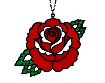 Traditional Rose Tattoo Necklace - Laser Cut Necklace - Rose Flower Necklace (C.A.B. Fayre Original Design)