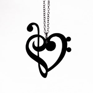Treble & Bass Clef Heart Necklace 39 Color Options Laser Cut Acrylic Jewelry Music Notes Musical Clefs image 1