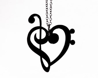 Treble & Bass Clef Heart Necklace: Laser Cut Acrylic Music Jewelry
