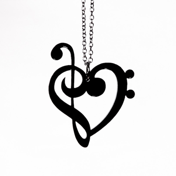 Treble & Bass Clef Heart Necklace - 39 Color Options - Laser Cut Acrylic Jewelry - Music Notes - Musical Clefs