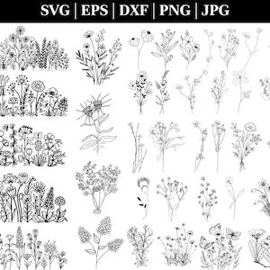 Bundle Svg de fleurs sauvages, prairie de fleurs Svg, bordure de fleurs SVG, bouquet de fleurs minimaliste, clipart fleurs sauvages, fleur croquis Svg