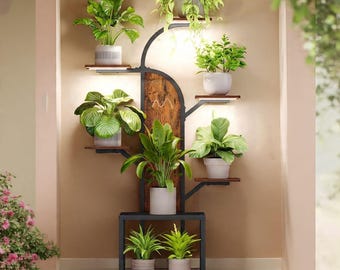 7-Tier Indoor Plant Stand with Grow Lights – Tree-Shaped Corner Shelf for Multiple Plants