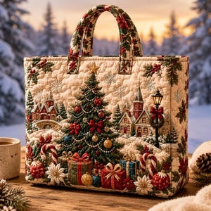 May include: A quilted tote bag featuring a festive winter scene with a decorated Christmas tree, wrapped gifts, candy canes, and a village landscape. The cream-colored fabric is adorned with poinsettias, holly, and snowflakes throughout.