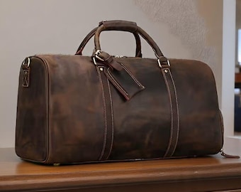 Vintage Genuine Leather Travel Bag with Shoe Compartment - Large Capacity Cowhide Handbag - Tote Luggage