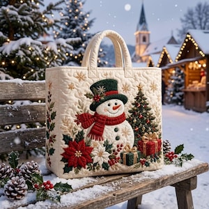 May include: A cream-colored quilted tote bag featuring an embroidered snowman wearing a green top hat and red scarf, a decorated Christmas tree, red poinsettias, and wrapped gift boxes. The design includes holly leaves and gold snowflakes.