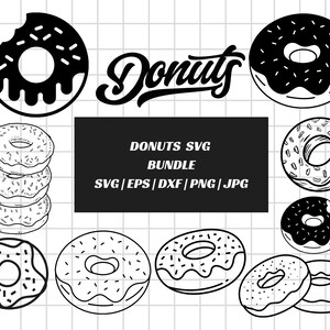 May include: Black and white donut SVG bundle with various donut designs, including a stack of donuts, a donut with a bite taken out, and donuts with sprinkles. The word "Donuts" is written in a script font.