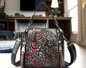 Floral Embossed Leather Crossbody Bag - Vintage Style