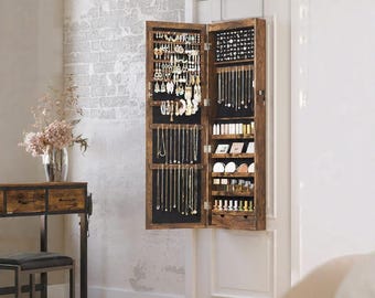Wooden Mirrored Jewelry Cabinet: Wall & Door Mount Armoire