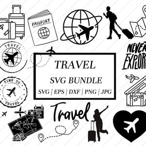 SVG-bundel reizen: grappige vakantie-clipart-, Cricut- en silhouetbestanden