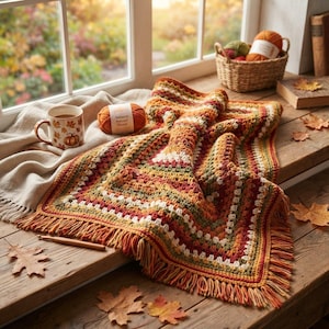 May include: A crocheted blanket featuring a multi-colored pattern of orange, yellow, red, and green yarn with fringe edges. The blanket is displayed with a ceramic mug decorated with pumpkin motifs, a ball of yarn labeled Autumn Sunset Blend, and a basket.