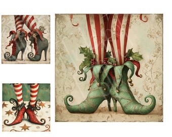 Zapatos de elfo, imágenes prediseñadas en acuarela – 12 JPG de alta resolución Botas navideñas de elfo – Gráfico de piernas festivas para manualidades, tarjetas, manualidades con papel, descarga digital