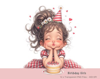 Whimsical Birthday Girl Clipart, Commercial Use (PNG Instant Download)