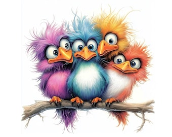 Whimsical Funny Birds Clipart Bundle, Watercolor Style (JPG Files)