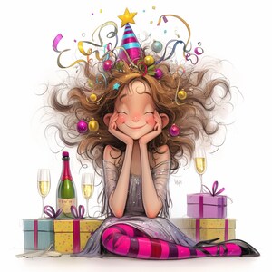 May include: A smiling cartoon woman wearing a party hat with confetti and streamers in her hair. She is sitting with two glasses of champagne, a bottle of champagne, and two wrapped gifts.