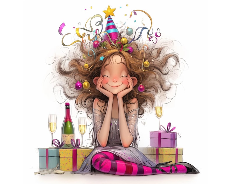 May include: A smiling cartoon woman wearing a party hat with confetti and streamers in her hair. She is sitting with two glasses of champagne, a bottle of champagne, and two wrapped gifts.