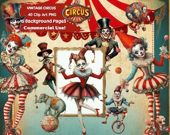Vintage Circus Clipart, Whimsical PNG, Background Papers (Digital Download)