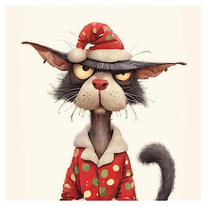May include: A grumpy-looking cat wearing a red and white polka dot pajama top and a Santa hat. The cat has black fur and a white face.