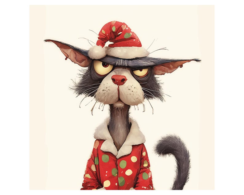 May include: A grumpy-looking cat wearing a red and white polka dot pajama top and a Santa hat. The cat has black fur and a white face.