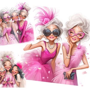 Clipart divertenti di donne 14 JPG ad acquerello ad alta risoluzione per kit di download digitale per scrapbooking, diario, creazione di biglietti, cocktail di donne eccentriche