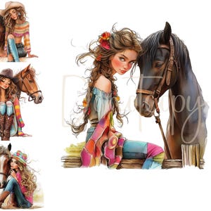 Fille originale des cliparts 15 fichiers JPG de haute qualité en téléchargement numérique papier Scrapbooking carte faisant des cliparts animaux mignons éphémères fille et cheval