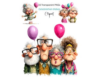 Quirky Old Folks Watercolor Clipart, 15 PNGS Funny Birthday Digital Download