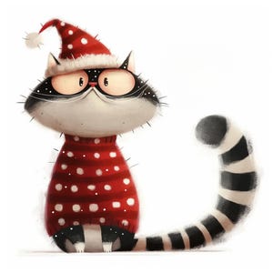 May include: A cartoon cat wearing a red and white Santa hat and a red and white polka dot sweater. The cat has black and white stripes on its tail.