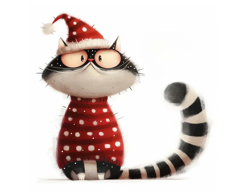 May include: A cartoon cat wearing a red and white Santa hat and a red and white polka dot sweater. The cat has black and white stripes on its tail.