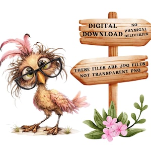 K&ouml;nnte beinhalten: Eine digitale Download-Illustration eines braunen und rosafarbenen Vogels mit Brille. Der Vogel steht auf einem gr&uuml;nen Grasfleck. Es gibt zwei Holzschildchen mit dem Text "Digitaler Download Keine physische Lieferung" und "Diese Dateien sind JPG-Dateien, keine transparenten PNGs".