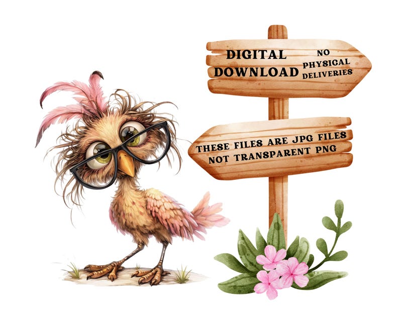 K&ouml;nnte beinhalten: Eine digitale Download-Illustration eines braunen und rosafarbenen Vogels mit Brille. Der Vogel steht auf einem gr&uuml;nen Grasfleck. Es gibt zwei Holzschildchen mit dem Text "Digitaler Download Keine physische Lieferung" und "Diese Dateien sind JPG-Dateien, keine transparenten PNGs".