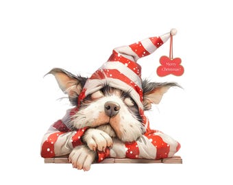 May include: A whimsical illustration of a dog wearing a red and white striped elf hat and matching outfit. The dog is resting its chin on a ledge, with a red tag that says "Merry Christmas!" hanging from the hat. The dog has a sad expression.