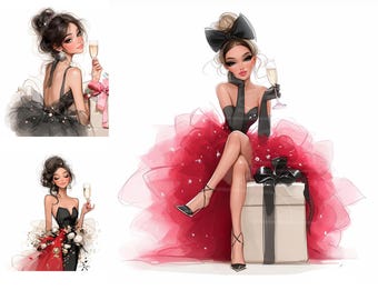Imágenes prediseñadas de chicas para fiesta de Navidad, ilustración de moda navideña - Descarga digital