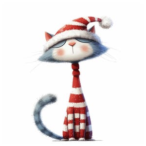 May include: A blue cat wearing a red and white striped scarf and a red and white Santa hat with a white pom-pom.